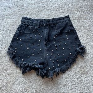 SHEIN Star studded black distressed black denim shorts